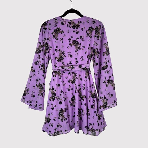 Free People Dress Purple Wisteria Mini Floral Wrap V Neck Waist Tie Fit Flare XS - Picture 3 of 9